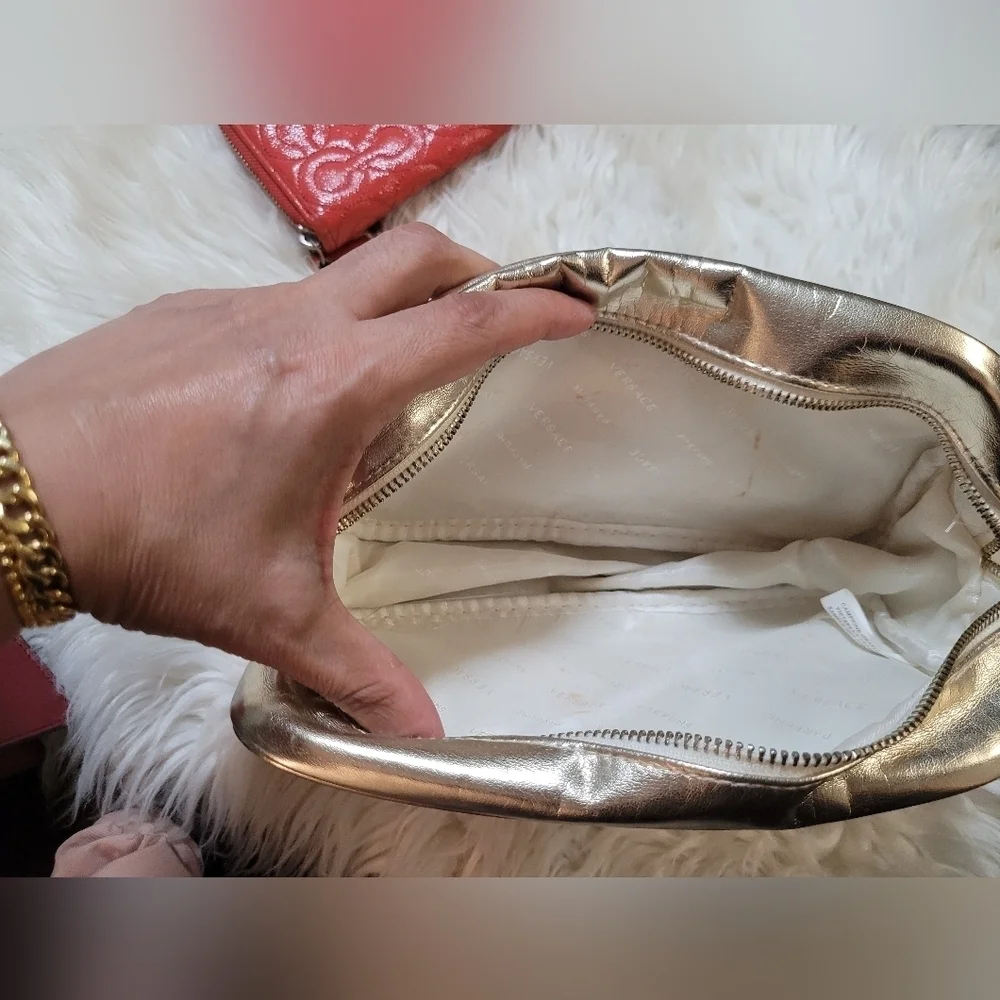 Versace Perfumes Pouch Makeup Travel Bag Gold With Zipper Snd Belted Handle